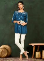 Viscose Blend Teal Casual Wear Embroidery Work Readymade Short Top